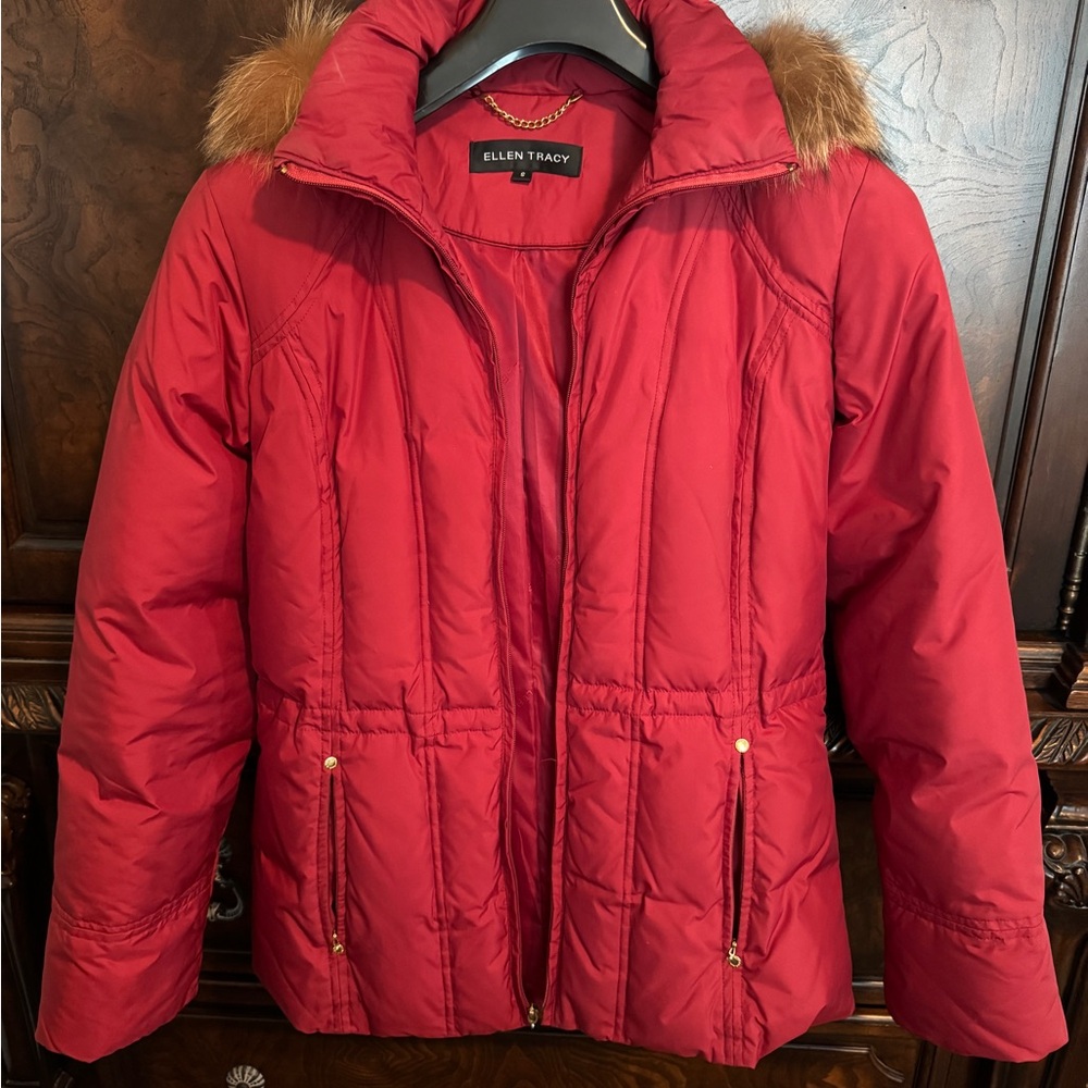 Ellen Tracy Women's Vibrant Red Puffer Coat with Faux Fur Trim